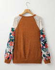 Floral Ribbed Patchwork Long Sleeve Blouse