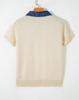 Denim Patchwork Polo Collar Short Sleeve Sweater