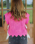 Pointelle Knit Scallop Trim Short Sleeve Sweater