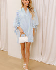 Stripe Knotted 3/4 Sleeve Notched Neck Mini Dress