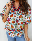 Floral Contrast V-Neck Puff Sleeve Blouse