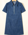 Denim Zip-Up Collar Short Sleeve Mini Dress