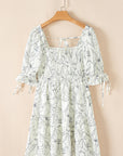 Floral Square Neck Shirred Back Mini Dress