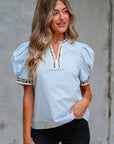 Mila Contrast Leopard Trim Split Neck Puff Sleeve Blouse