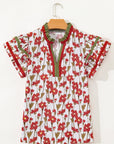 Floral Contrast Trim V-Neck Ruffle Short Sleeve Blouse
