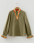 Stripe Trim Ruffle Split Neck Long Sleeve Blouse