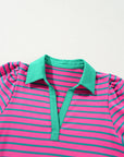 Stripe Collared V-Neck Puff Sleeve T-Shirt Dress