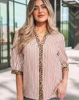 Stripe Leopard Trim V-Neck Buttoned Short Sleeve Shirt