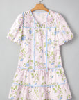 Floral Stripe Contrast Tie Split Neck Mini Dress