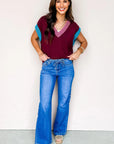 Colorblock V-Neck Cuffed Short Sleeve Sweater