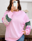 Plus Size Floral Patch Sleeve Ribbed Trim Sweatshirt