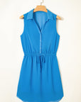Solid Collared V-Neck Elastic Waist Sleeveless Dress