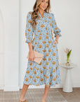 Floral Frilled V-Neck 3/4 Sleeve Midi Dress