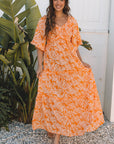 Floral Smocked V-Neck Wide Sleeve Maxi Dress