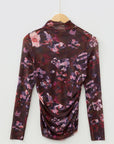 Floral Mesh Turtleneck Long Sleeve Ruched Top