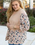 Beige Faux Two Piece Knit Patchwork Floral Print Plus Size Top
