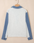 Denim Patchwork Polo Collar Long Sleeve Top