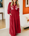 Floral Embroidered Long Sleeve Tiered Maxi Dress