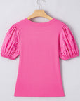 Ribbed Pearl Beaded Puff Sleeve Top