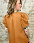 Leopard Contrast Trim Split Neck Puff Sleeve Blouse