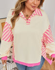 Plus Size Stripe Colorblock Collared Drop Shoulder Top