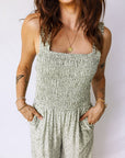 Floral Smocked Square Neck Sleeveless Jumpsuit