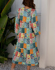 Floral Patchwork Long Sleeve Ruffle Hem Midi Dress