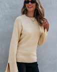 Solid Textured Knit Split Cuff Drop Shoulder Sweater