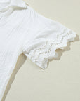 Embroidered Eyelet Crinkled Gauze Collared V-Neck Blouse