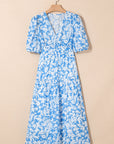 Floral V-Neck Puff Sleeve Flowy Maxi Dress