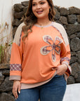 Plus Size Plaid Flower Patchwork 3/4 Sleeve Top