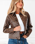 Leather Drawstring Hem Pocketed Jacket