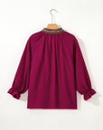 Leopard Trim Flounced 3/4 Sleeve V-Neck Blouse