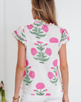 Flower Scallop Contrast Trim Short Sleeve Blouse