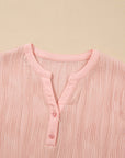 Wavy Textured Button V-Neck Casual Tee