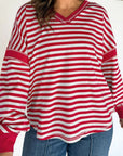 Stripe Reverse Seam V-Neck Balloon Sleeve Pullover