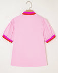 Contrast Stripe V-Neck Short Puff Sleeve Blouse