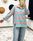 Colorblock Stripe Buttoned Collar Side Slit Top