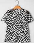 Checker Mesh Mock Neck Short Sleeve T-Shirt