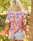 Floral Colorblock Stripe V-Neck Short Sleeve Blouse