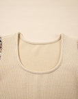 Leopard Patchwork Sleeve Ribbed Knit Scoop Neck Top