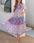 Floral Tie Split Neck Short Sleeve Dress