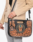 American Darling Hand-Tooled Western Skull Leather Crossbody Bag with Cutout Handle