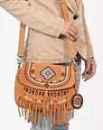 American Darling Boho Western Suede Crossbody Bag with Fringe & Geometric Embroidery