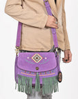 American Darling Boho Western Suede Crossbody Bag with Fringe & Geometric Embroidery