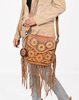 American Darling Sunflower Tooled Leather Fringe Crossbody Bag – Western Boho Handcrafted Purse