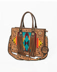 American Darling Western Hand-Tooled Leather Tote Bag with Fringe & Tribal Accent Panel