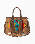 American Darling Western Hand-Tooled Leather Tote Bag with Fringe & Tribal Accent Panel