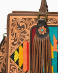 American Darling Western Hand-Tooled Leather Tote Bag with Fringe & Tribal Accent Panel