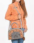 American Darling Western Leather Dome Satchel with Hand-Tooled Floral & Embellished Panel